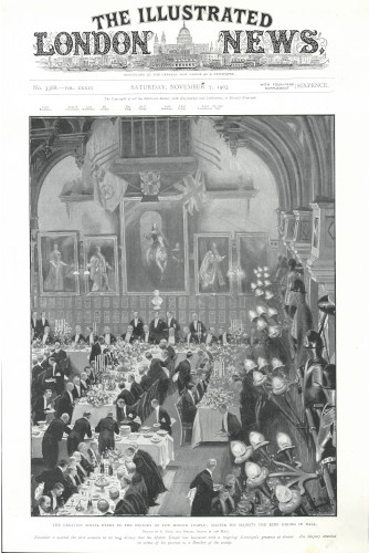 Drawing of King Edward VII dining in Hall on Grand Day, from the Illustrated London News, 7 November 1903 (MT/19/ILL/D/D2/51)