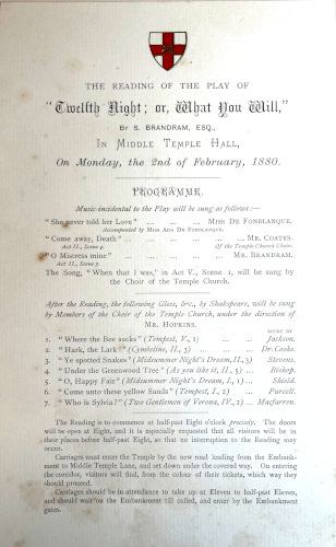 Programme for a reading of Twelfth Night, 2 February 1880 (GD/44)