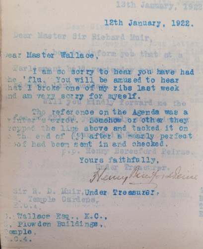 Copy letter sent from the Under Treasurer to Master Wallace regarding his illness and an agenda error, 12 January 1922 (MT/1/LBO/26)