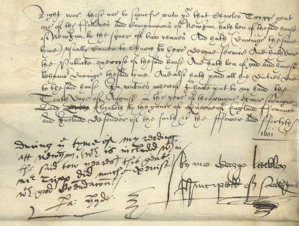  The earliest surviving membership record for New Inn, Charles Tryppe, 10 August 1601 (MT/12/CER/1)