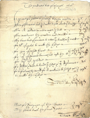 Gardener’s Bill listing plants acquired for the garden, 1618 (MT/2/TUT/3/13)