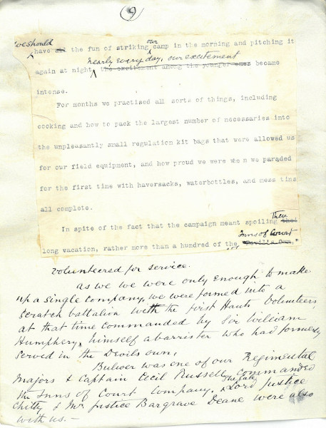 Page of the memoirs of L.D. Powles regarding his experience with the Inns of Court Rifle Volunteer Corps, c.1908 (GD/2)
