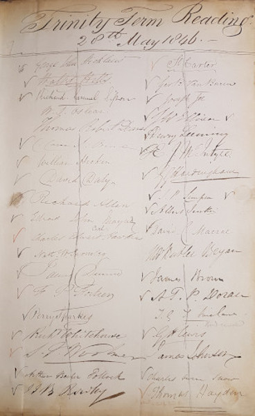 Signatures of attendees at the last Reading at New Inn, Trinity Term 1846 (MT/12/LEC)