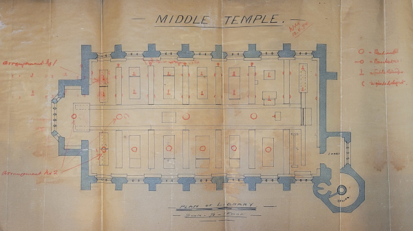 Plan of Middle Temple Library showing two different proposals of lighting the building with electricity, c.1894 (MT/6/RBW/206)