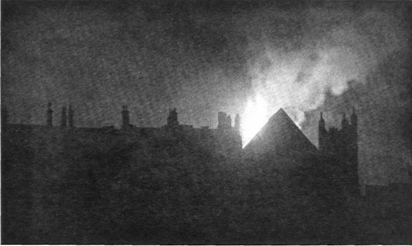 The roof of Middle Temple Hall burning, March 1944