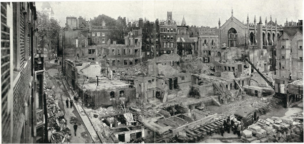 Destruction in the Temple taken from Middle Temple Lane looking towards Temple Church, c.1940-c.1944