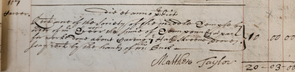 Receipt for money paid to Matthew Taylor, carver, for making the screen doors, 1671 (MT/2/TRB/29)