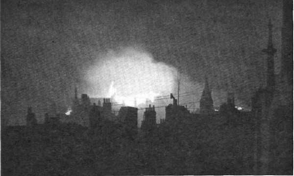 View of the burning roof of Temple Church, May 1941