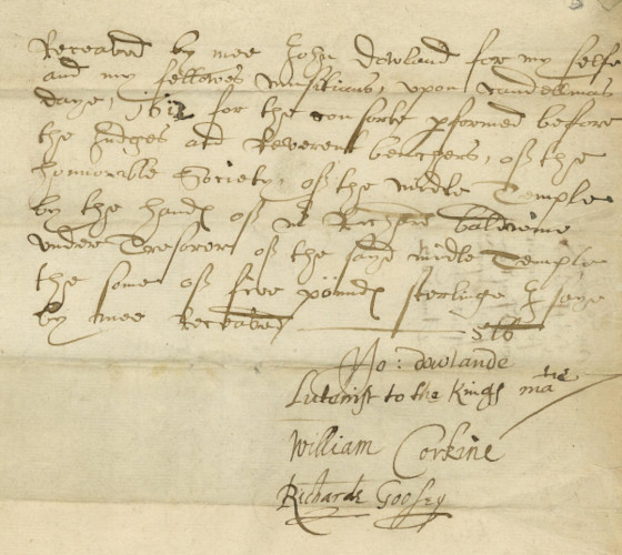 Receipt signed by lutenist John Dowland for music performed on Candlemas Day, 1613 (MT/7/ERB/2)