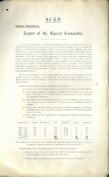 Report of a Special Committee regarding the Inns of Court Rifle Volunteer Corps, 11 March 1895 (MT/21/1/XXXIV/IV/7)