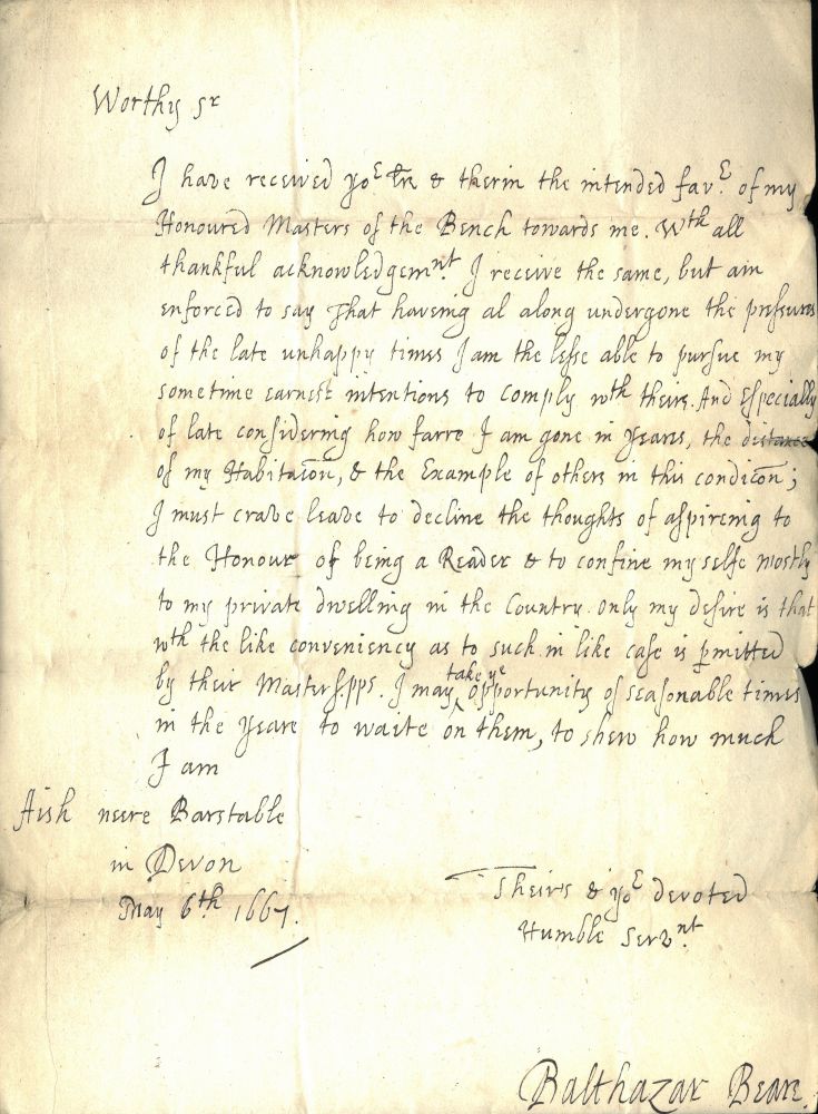 Letter from Balthazar Beare to Henry Proctor, Treasurer, declining the position of Reader, 6 May 1667 (MT/3/MEM/22)