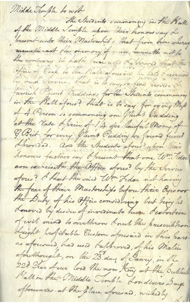 Complaint of students regarding the William Fidoe’s plum puddings, c.1794 (MT/7/GCR/37)