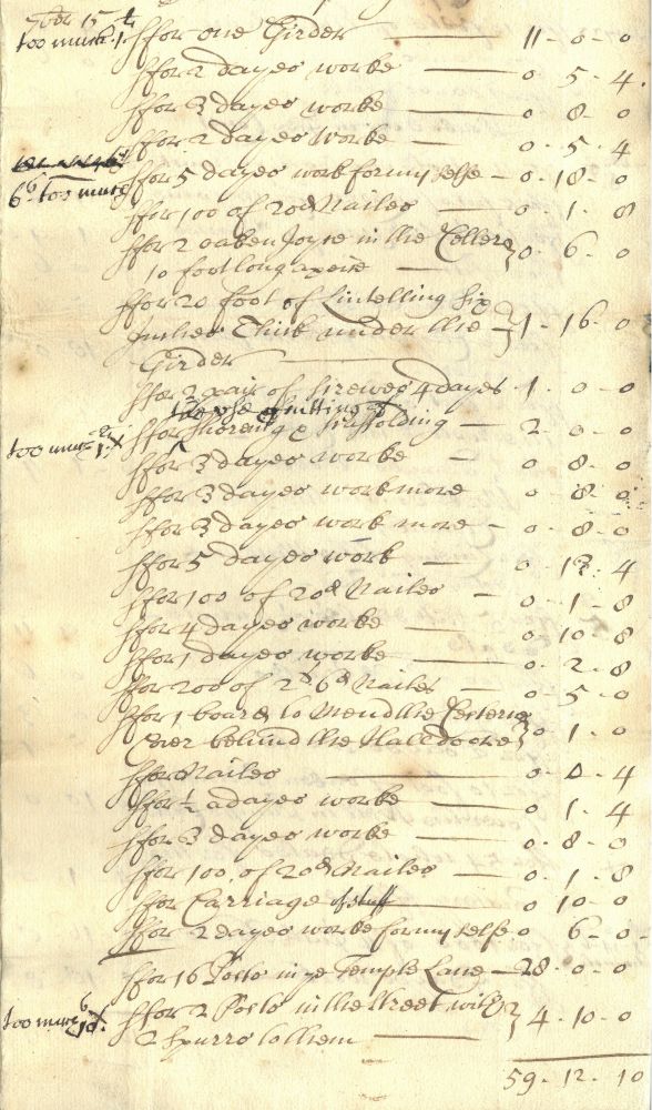 Carpenter’s bill for repair work to the Hall, 1693 (MT/2/TAP/20)