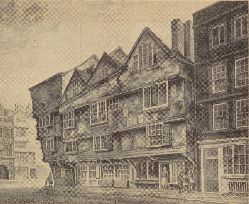 Reproduction of a painting of Chancery Lane by William Capon, 1798. Inner Temple Gate with the Rainbow Tavern to its right can be seen on the left-hand side of the image (MT/19/ILL/E/E12/13)
