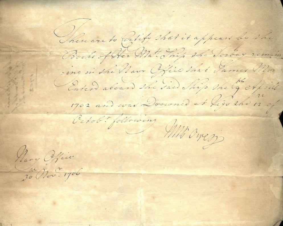 Navy Office Certificate recording the death of James Moore, probably in a naval action at Vigo Bay during the War of Spanish Succession, 12 October 1702 (MT/3/BUR/18)