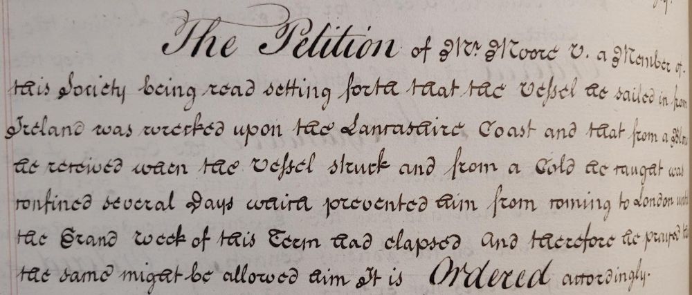 Petition of Verner Moore to be allowed to keep his first term at the Inn despite arriving late due to being shipwrecked, 25 November 1803 (MT/1/MPA/10)