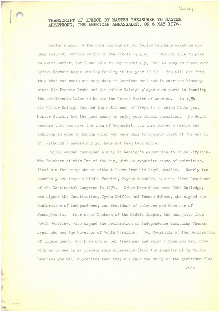 Treasurer’s speech on the Call to the Bench of Anne Armstrong, 6 May 1976 (MT/3/BEM/42)