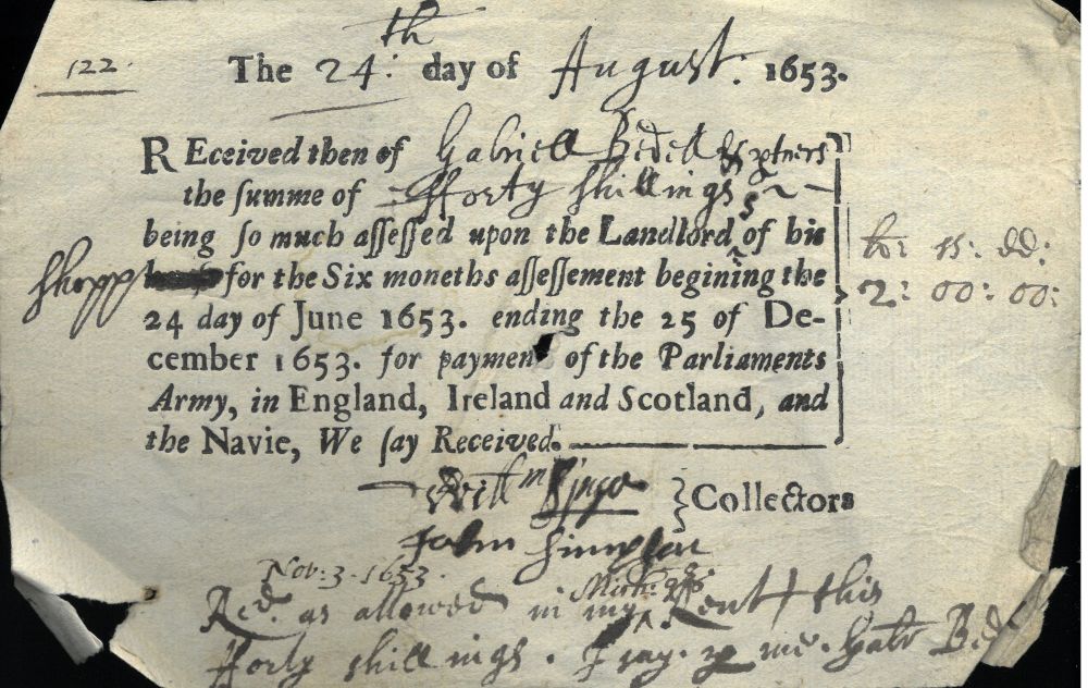 Tax receipt for taxes raised for Parliament’s army and navy, 24 August 1653 (MT/2/TUT/23)