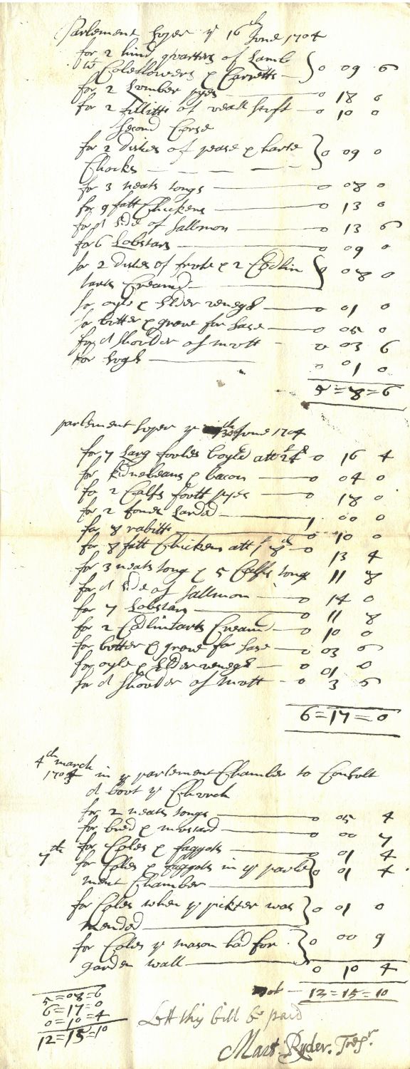 Receipt for supplies for a Parliament Supper, 16 June 1704 (MT/2/TAP/31)