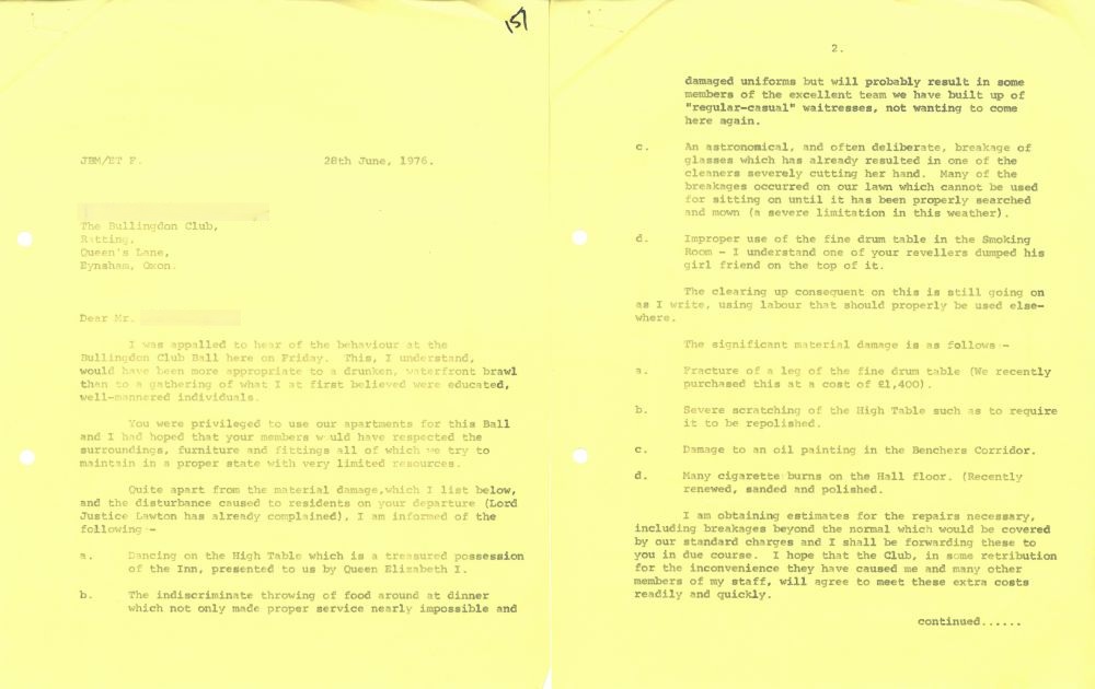Letter from the Under Treasurer to the Bullingdon Club after a disastrous ball, 28 June 1976 (MT/1/LBO/163)